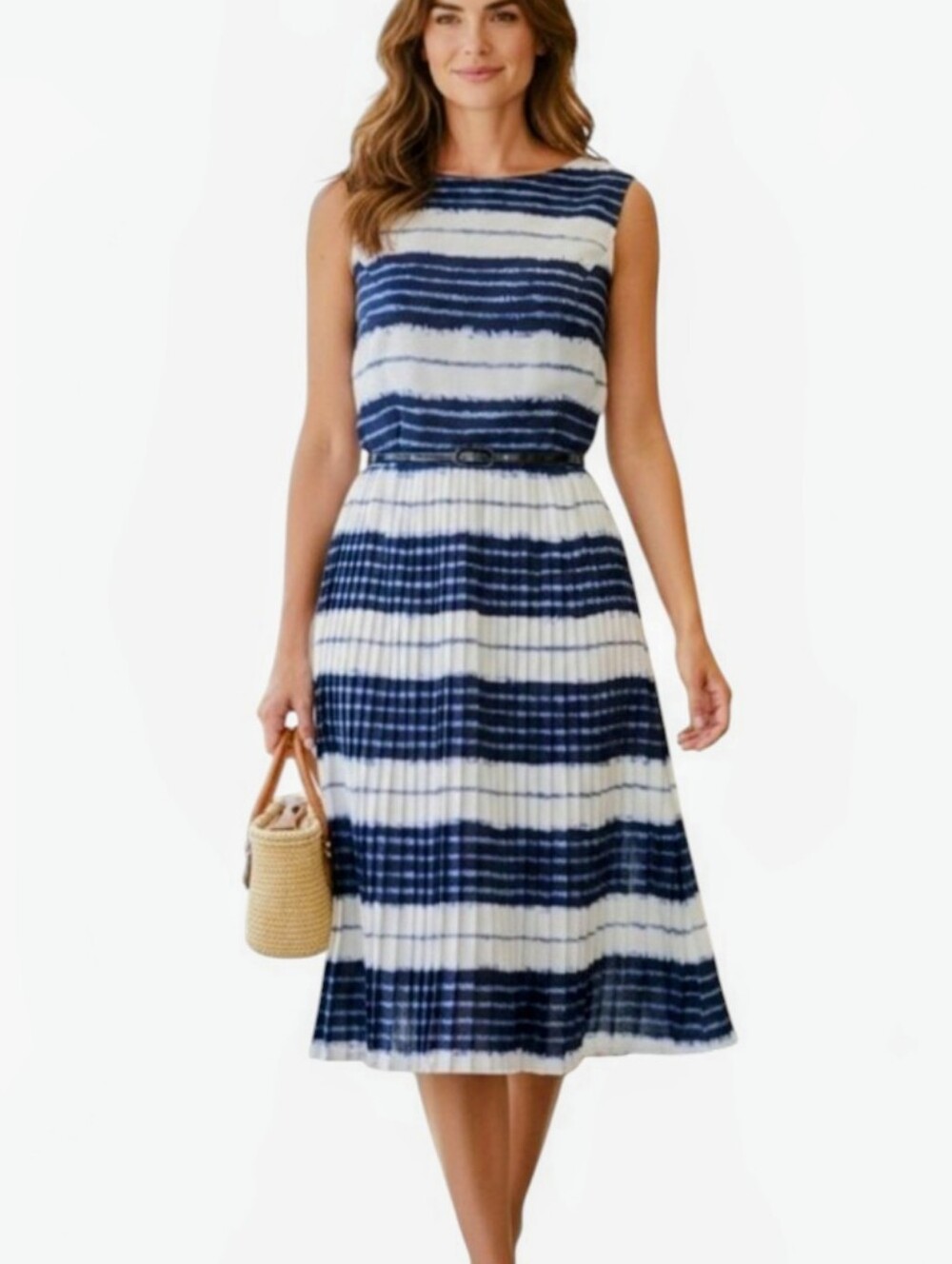 Adrianna Papell Pleated Sleeveless Striped Dress - Navy Blue White Sz.10